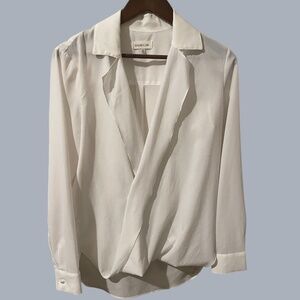 SugarLips Sheer White Long Sleeve Button Down Draped Top Blouse Collared Small